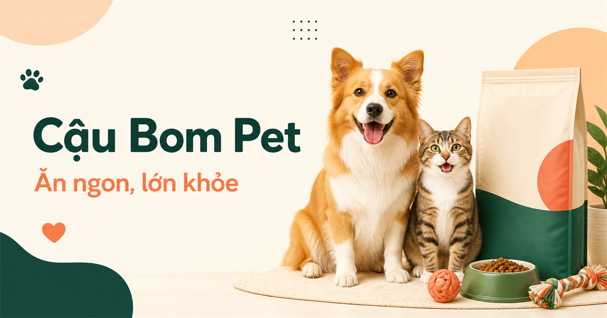 Chó và mèo Cậu Bom bên thức ăn và đồ chơi